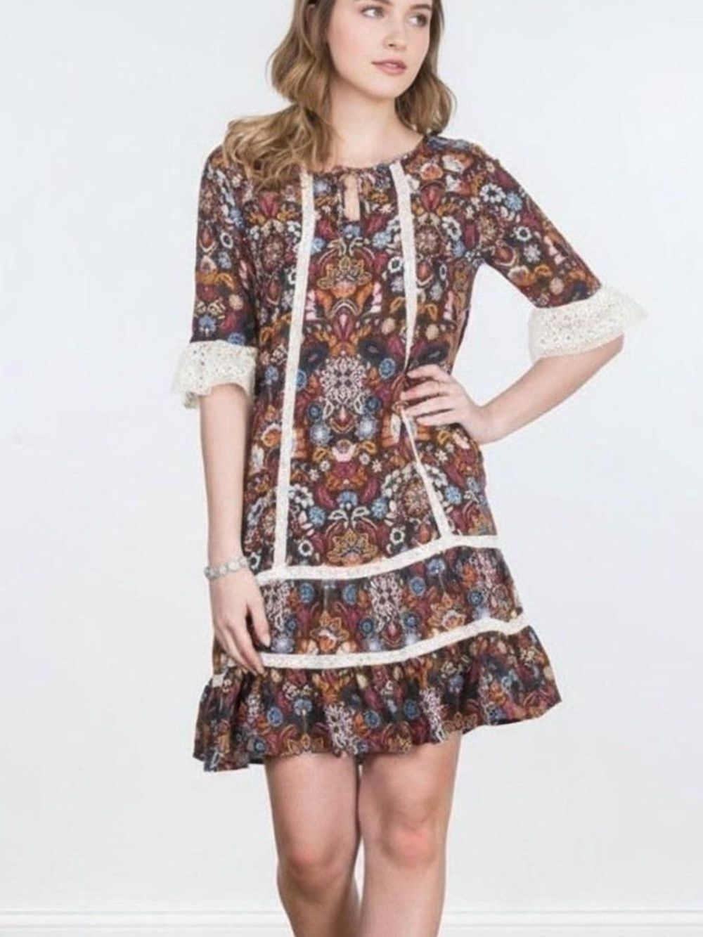 Matilda Jane Brown Floral Paisley dress with Pink & Blue Accents medium